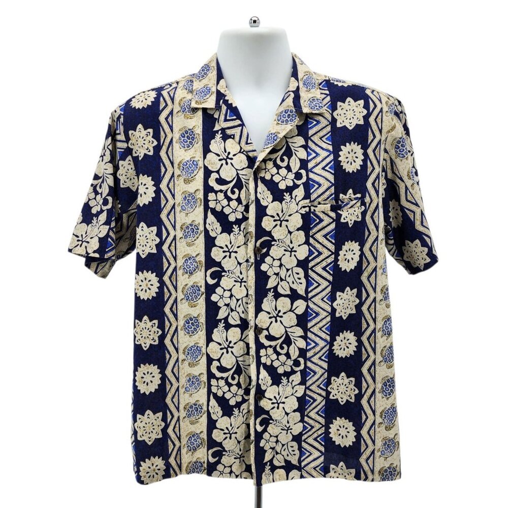 Vintage Royal Creations Mens Medium Hawaiian Shirt Floral Turtle Tropical Blue